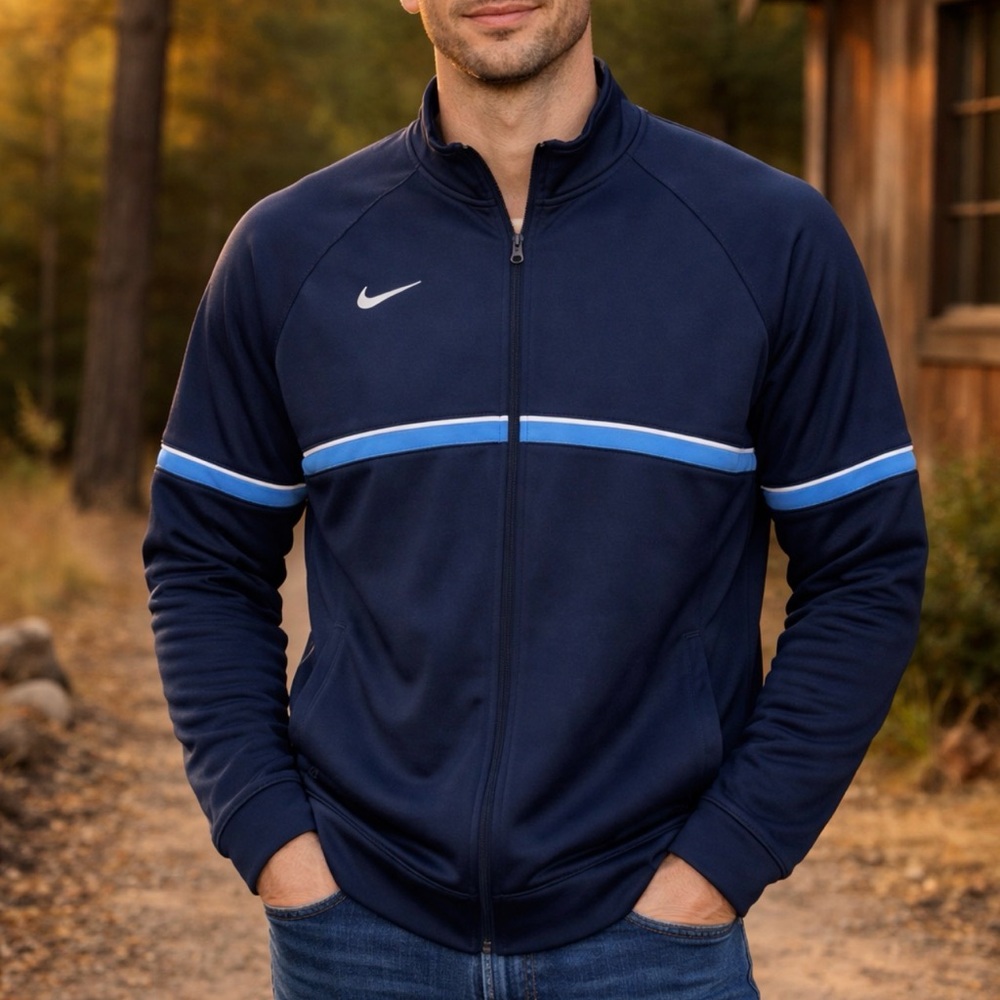 Nike‎ Mens Dri-FIT Full Zip Track Jacket Navy Blue Stripe XXL Mock Neck Swoosh